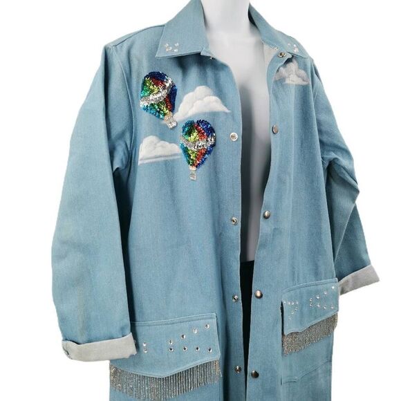 Vintage Long Denim Trench Coat with Hot Air Balloons & Beaded Fringe | Size M (F - Picture 4 of 5